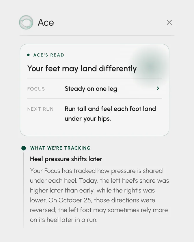 Ace's post-run summary in the STRIV app, headed "Your feet may land differently" with a next-run cue.