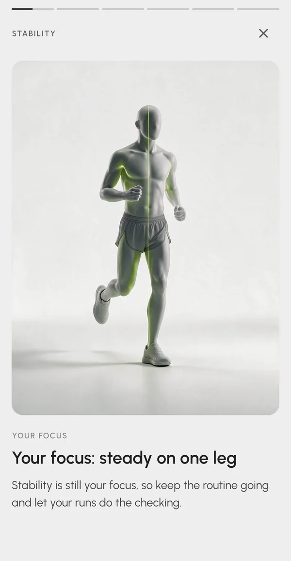 The first slide of the STRIV Focus story, introducing the focus "steady on one leg".