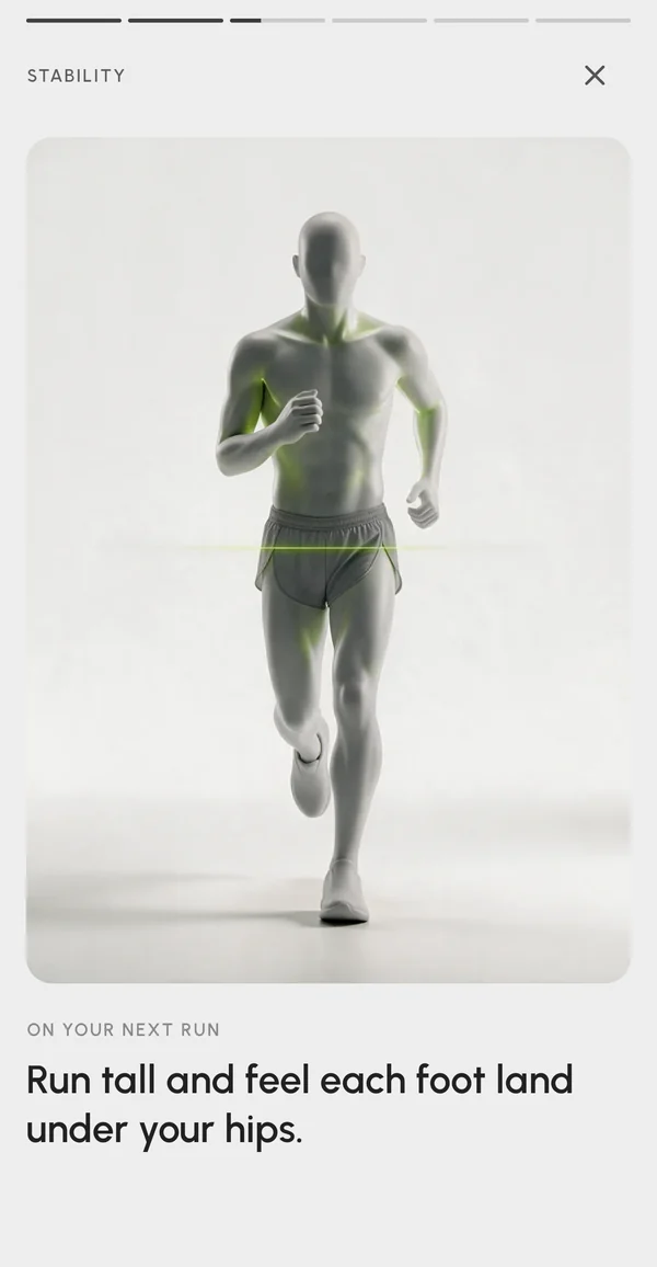 A STRIV Focus slide with the cue for the next run: "Run tall and feel each foot land under your hips."