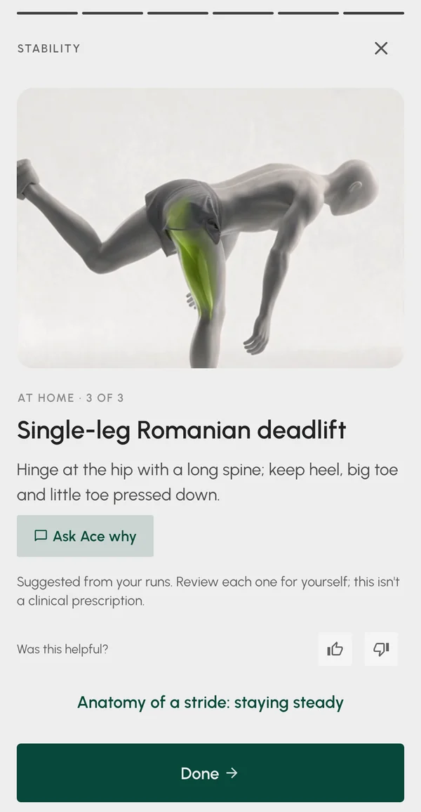 A STRIV Focus slide showing a single-leg Romanian deadlift to do at home, with an "Ask Ace why" button.