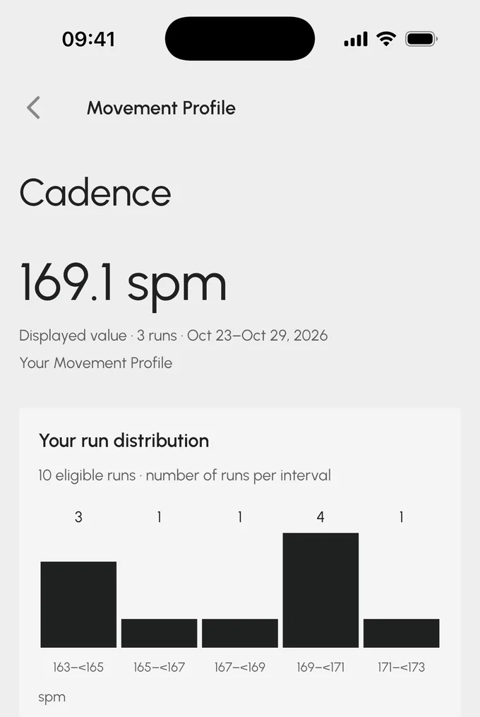 The STRIV cadence screen at 169.1 steps per minute, with how ten recent runs spread across cadence ranges.