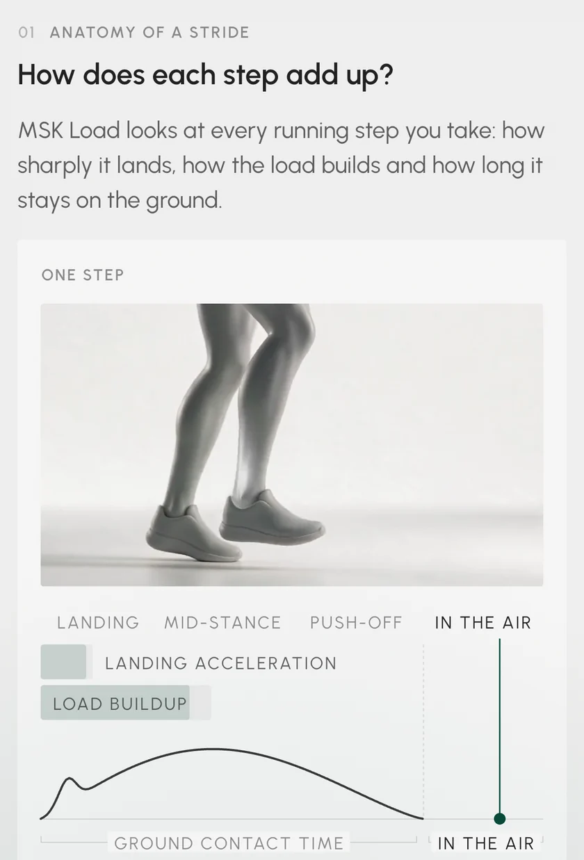 The STRIV explainer on how each running step adds to MSK Load, from landing through mid-stance and push-off.