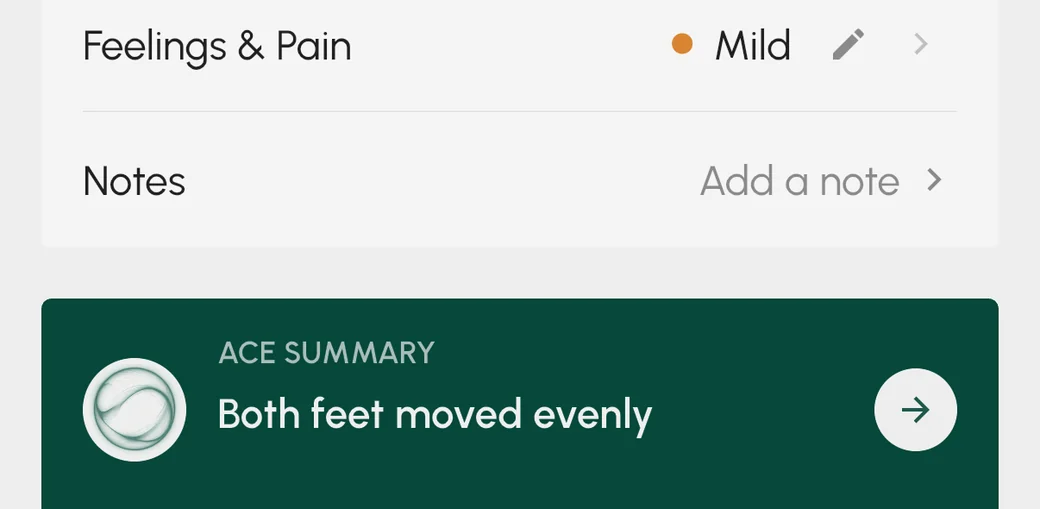 A STRIV run page with "Feelings & Pain: Mild" saved on it, above a note and Ace's summary of the run.