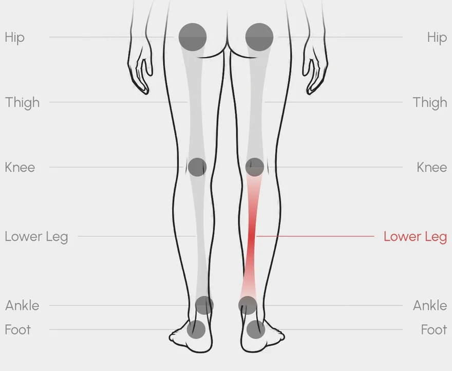 The STRIV pain check-in body map with the right lower leg highlighted.
