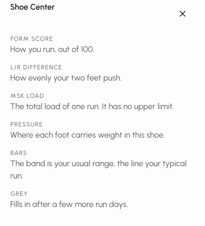 The Shoe Center help sheet in the STRIV app, explaining each record it keeps for a pair of shoes.