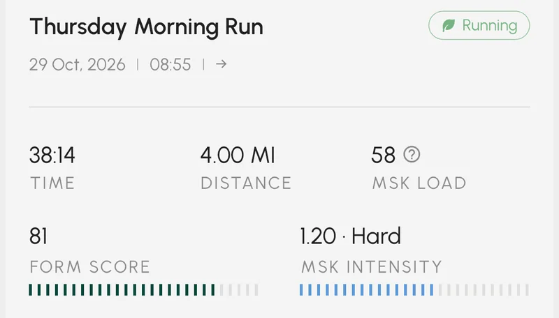 One run in the STRIV Shoe Center list, with its time, distance, MSK Load and Form Score.