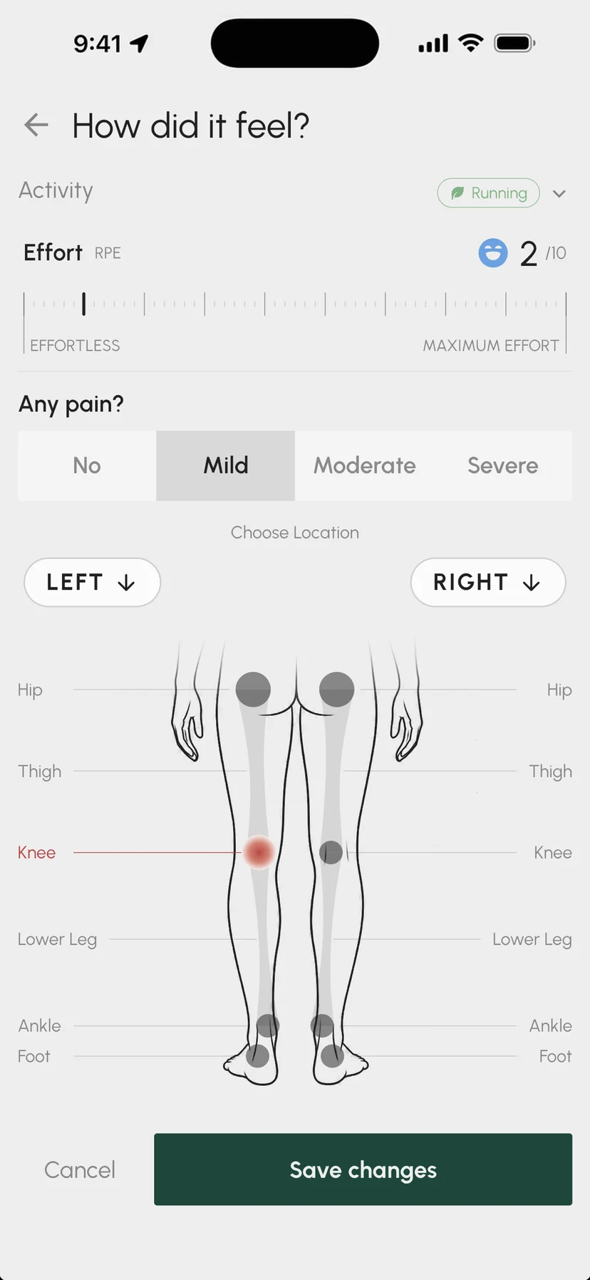 How did it feel? screen: effort 2 of 10, mild pain marked at the right knee