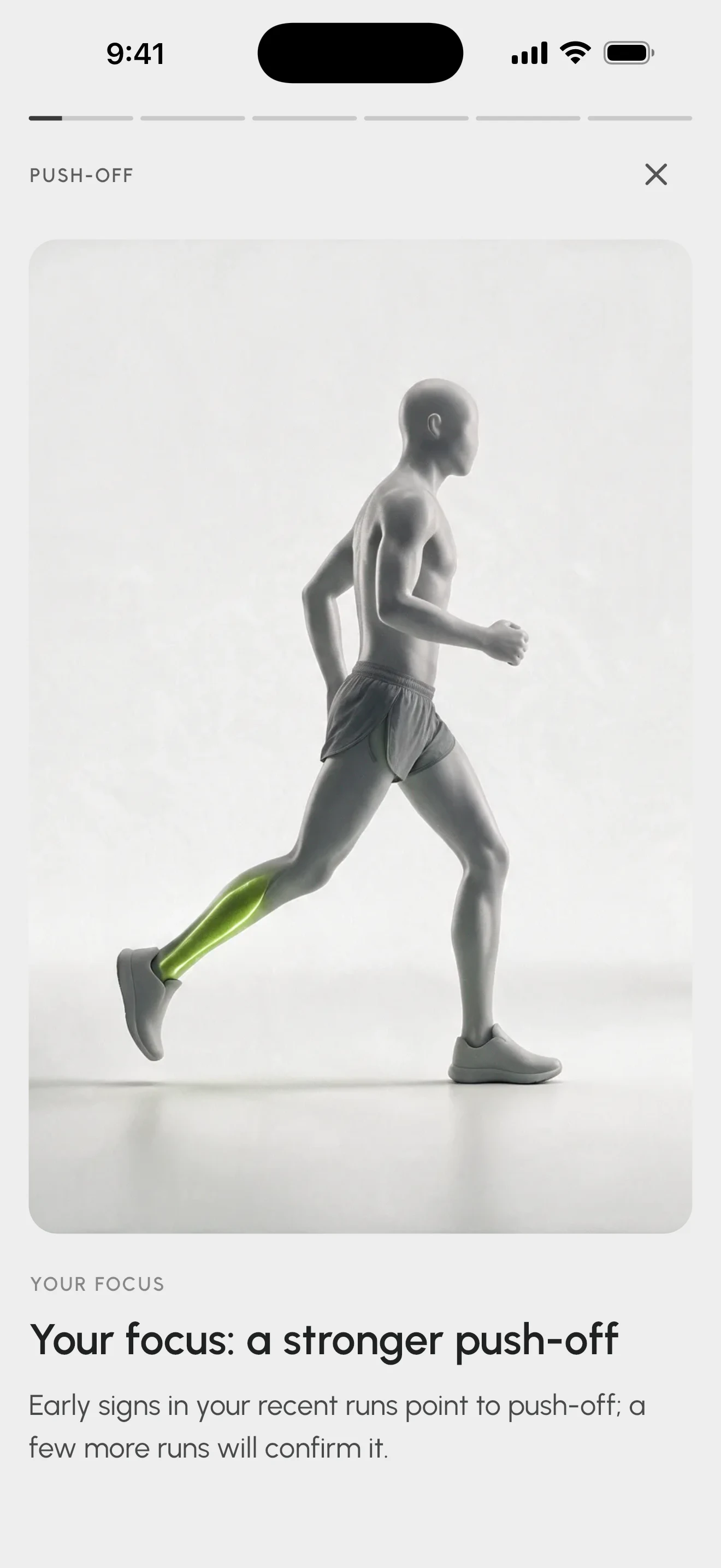 STRIV app demo: push-off Focus Story with a running figure and highlighted calf