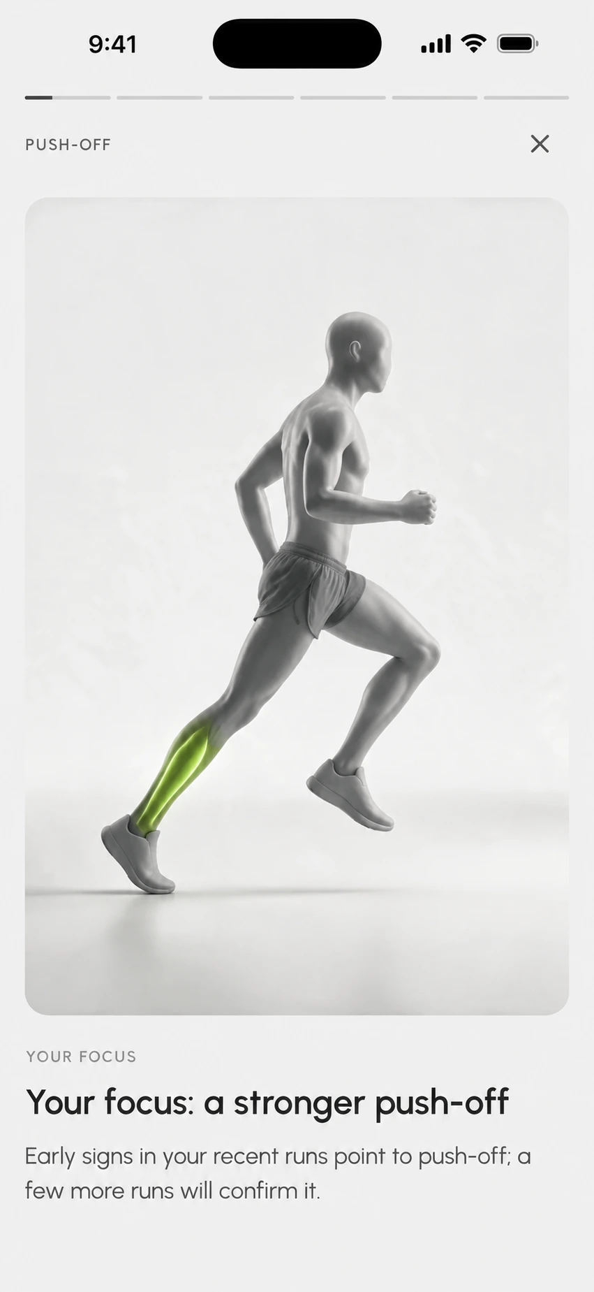 STRIV app demo: push-off Focus Story with the grounded rear calf highlighted at toe-off