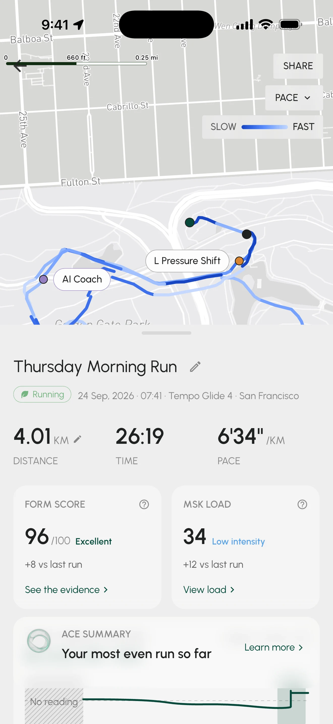STRIV app demo: route map with coaching and pressure-shift markers above a run summary