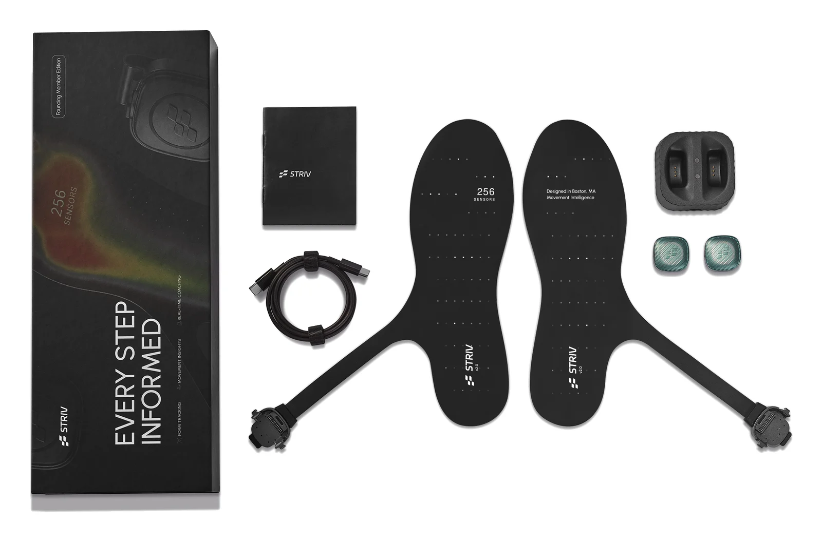 STRIV pressure-sensing insole kit with insoles, sensor pods, charging dock and cable