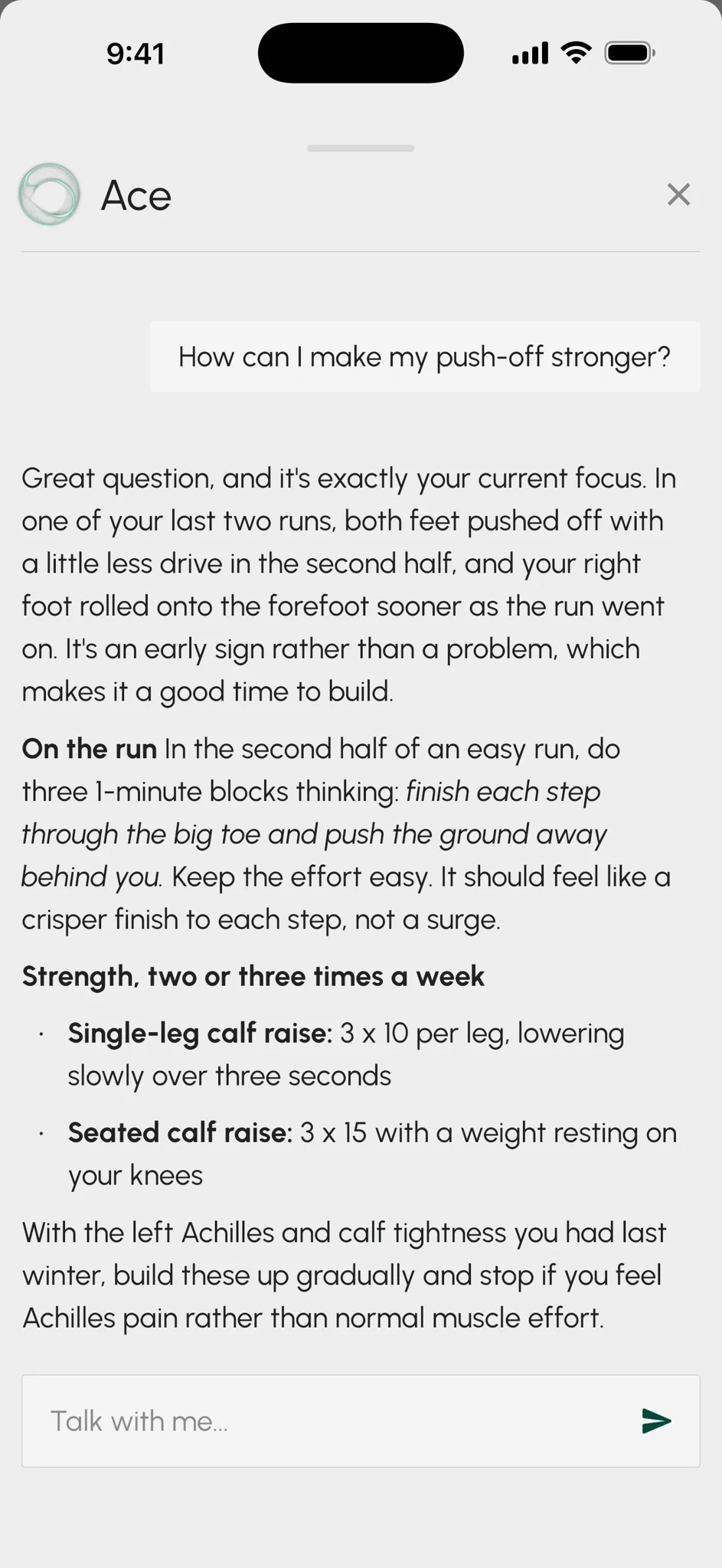 Illustrative Ace conversation about push-off and training focus