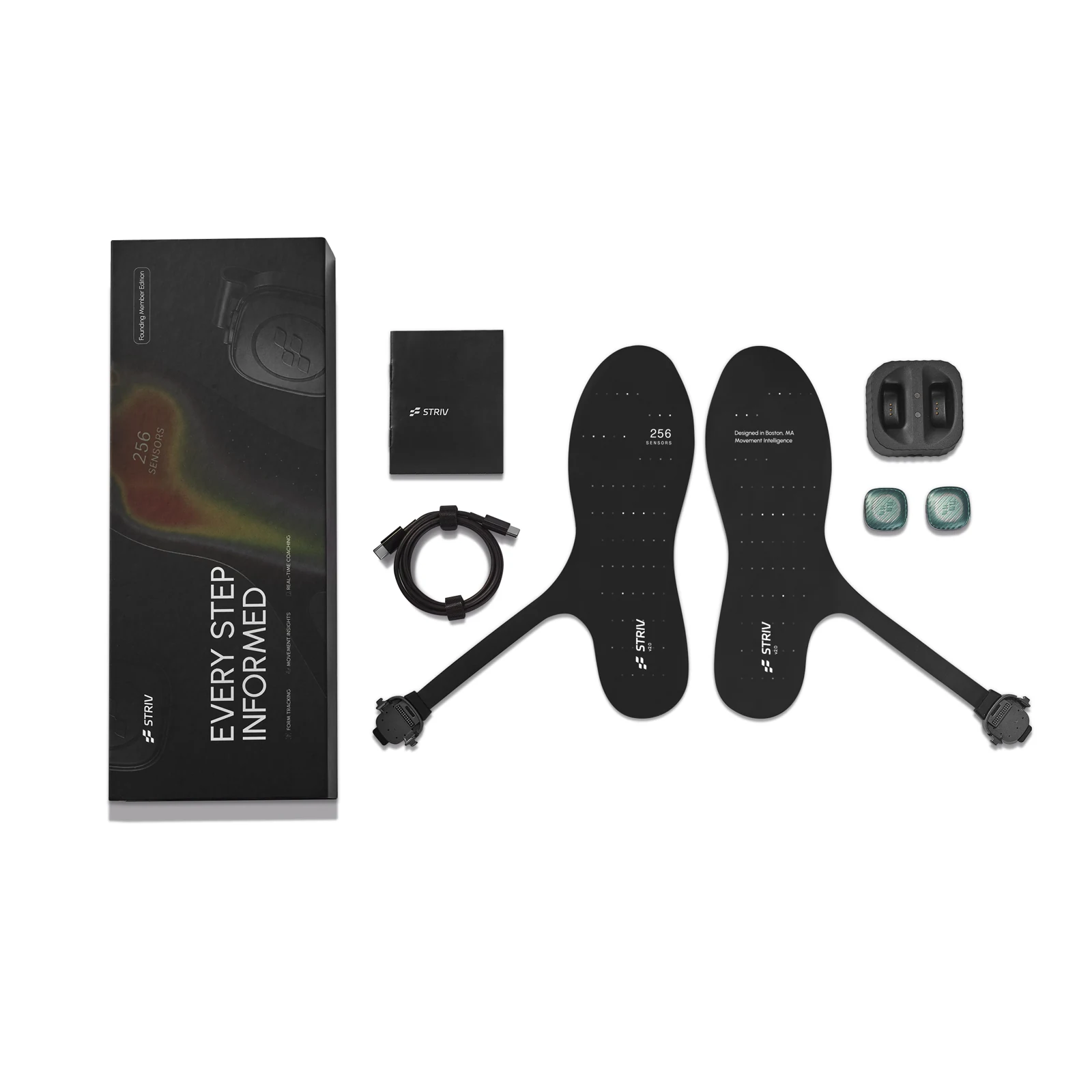 STRIV box contents: packaging, quick-start guide, two sensing insoles, USB-C cable, charging dock and two motion pods